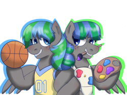 Size: 3243x2433 | Tagged: safe, artist:kindheart525, artist:sisitowe, oc, oc only, oc:feather fieldgoal, oc:storm strike, pegasus, pony, kindverse, apron, basketball, clothes, high res, jersey, paint, paintbrush, parent:blossomforth, parent:thunderlane, parents:blossomlane, simple background, sports, transparent background, twins