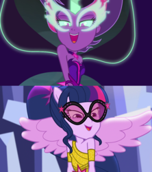 Size: 955x1075 | Tagged: safe, screencap, sci-twi, twilight sparkle, dance magic, equestria girls, equestria girls specials, g4, my little pony equestria girls: friendship games, bare shoulders, comparison, cute, evil grin, grin, lidded eyes, midnight sparkle, ponied up, sleeveless, smiling, smirk