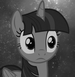 Size: 378x391 | Tagged: safe, edit, edited screencap, screencap, twilight sparkle, alicorn, pony, g4, aesthetics, black and white, grayscale, monochrome, profile picture, sad, space, stars, twilight sparkle (alicorn)