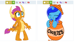 Size: 591x328 | Tagged: safe, artist:frownfactory, artist:fuzzybrushy, smolder, oc, oc:spacelight, dragon, pony, unicorn, derpibooru, a matter of principals, g4, adorable face, cookie, cookie jar, cookie jar pony, cute, dragoness, eating, female, food, horns, juxtaposition, mare, meta, scared, simple background, vector, wings