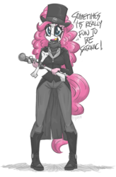 Size: 1000x1522 | Tagged: safe, artist:flutterthrash, pinkie pie, earth pony, anthro, g4, corpse paint, dialogue, female, hat, king diamond, makeup, microphone, pentagram, satanic, satanism, solo, top hat