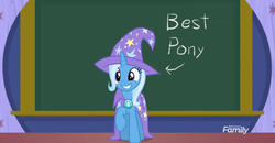 Size: 1366x712 | Tagged: safe, edit, edited screencap, screencap, trixie, a matter of principals, g4, best pony, cape, chalkboard, clothes, discovery family logo, hat, opinion, raised hoof, smiling, trixie's cape, trixie's hat