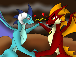 Size: 2441x1849 | Tagged: safe, artist:pd123sonic, princess ember, oc, oc:garro, dragon, g4, blushing, canon x oc, dragon lord ember, dragoness, female, heart, holding hands, looking at each other, male, not garble, sparring