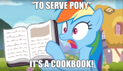 Size: 869x500 | Tagged: safe, screencap, rainbow dash, pegasus, pony, g4, the end in friend, book, damon knight, image macro, meme, the twilight zone, to serve man