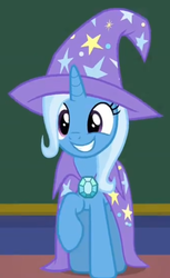 Size: 362x590 | Tagged: safe, screencap, trixie, pony, unicorn, a matter of principals, g4, cape, clothes, cute, diatrixes, female, hat, mare, raised hoof, smiling, solo, trixie's cape, trixie's hat