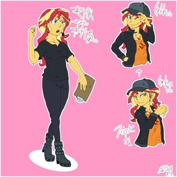 Size: 1000x1000 | Tagged: safe, artist:sozglitch, sunset shimmer, equestria girls, g4, my little pony equestria girls: better together, baseball cap, cap, clipboard, clothes, director shimmer, female, flanksy, geode of empathy, hat, jacket, one eye closed, shirt, simple background, solo, wink