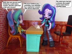 Size: 1060x795 | Tagged: safe, artist:whatthehell!?, princess celestia, principal celestia, starlight glimmer, equestria girls, g4, abuse, bruised, chair, classroom, clothes, cup, desk, doll, equestria girls minis, eqventures of the minis, glimmerbuse, irl, pants, photo, shoes, taser, toy