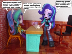 Size: 1060x795 | Tagged: safe, artist:whatthehell!?, princess celestia, principal celestia, starlight glimmer, equestria girls, g4, bruised, chair, classroom, clothes, cup, desk, doll, equestria girls minis, eqventures of the minis, irl, pants, photo, shoes, spanish, taser, toy