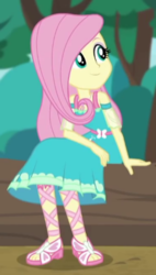 Size: 248x438 | Tagged: safe, screencap, fluttershy, equestria girls, equestria girls series, g4, text support, cropped, feet, female, geode of fauna, sandals, smiling, solo, text support: fluttershy