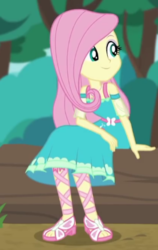 Size: 277x438 | Tagged: safe, screencap, fluttershy, equestria girls, equestria girls series, g4, text support, cropped, feet, female, geode of fauna, sandals, smiling, solo, text support: fluttershy