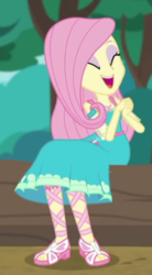 Size: 245x443 | Tagged: safe, screencap, fluttershy, equestria girls, equestria girls series, g4, text support, clothes, cropped, dress, eyes closed, eyeshadow, feet, female, geode of fauna, makeup, open mouth, sandals, smiling, solo, text support: fluttershy