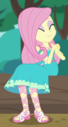 Size: 233x438 | Tagged: safe, screencap, fluttershy, equestria girls, equestria girls series, g4, text support, clothes, cropped, dress, eyes closed, eyeshadow, feet, female, geode of fauna, makeup, sandals, smiling, solo, text support: fluttershy