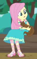 Size: 272x434 | Tagged: safe, screencap, fluttershy, squirrel, equestria girls, equestria girls series, g4, text support, clothes, cropped, dress, feet, female, geode of fauna, sandals, text support: fluttershy