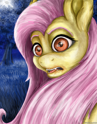Size: 2480x3156 | Tagged: safe, artist:mlledashie, fluttershy, bat pony, pony, g4, female, flutterbat, full moon, grass, high res, moon, open mouth, race swap, solo, tongue out, tree