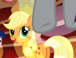 Size: 723x557 | Tagged: safe, screencap, applejack, rarity, twilight sparkle, earth pony, pony, g4, sonic rainboom (episode), butt, cropped, female, golden oaks library, hooves, mare, misleading thumbnail, out of context, plot