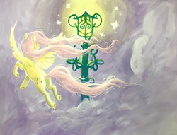 Size: 1024x781 | Tagged: safe, artist:chasingthesilverstag, fluttershy, butterfly, pegasus, pony, g4, cloud, female, flying, fog, lantern, looking at something, mare, raised hoof, rear view, solo, spread wings, traditional art, turned head, windswept mane, wings