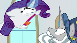 Size: 1920x1080 | Tagged: safe, screencap, rarity, star swirl the bearded, pony, unicorn, friendship university, g4, angry, cowering, eye contact, faic, female, floppy ears, glowing horn, hat, horn, looking at each other, magic, male, mare, nose wrinkle, open mouth, rage, rarity is best facemaker, shouting rarity, stallion, tongue out, wat, wide eyes