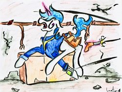 Size: 1024x775 | Tagged: safe, artist:colorsceempainting, oc, oc only, pony, unicorn, fallout equestria, clothes, glowing horn, gun, gunshot, handgun, hooves, horn, jumpsuit, levitation, magic, male, open mouth, pipbuck, revolver, running, saddle bag, solo, stallion, telekinesis, traditional art, vault suit, weapon