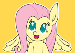 Size: 2169x1518 | Tagged: safe, artist:tridashie, fluttershy, pegasus, pony, g4, bust, eyelashes, female, looking away, looking up, mare, open mouth, orange background, outline, portrait, simple background, smiling, solo, spread wings, white outline, wings