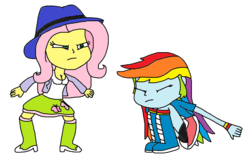 Size: 1028x648 | Tagged: safe, artist:logan jones, fluttershy, rainbow dash, equestria girls, g4, boots, chinese cowboy impression, clothes, cowgirl, female, hat, jacket, luigi's chinese cowboy impression, parody, shoes, squint, super mario bros., the super mario bros. super show!