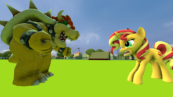 Size: 1920x1080 | Tagged: safe, artist:optimussparkle, sunset shimmer, koopa, pony, unicorn, g4, 3d, angry, barely pony related, bowser, crossover, male, rageset shimmer, source filmmaker, super mario bros., that pony sure have anger issues
