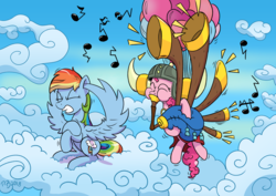 Size: 2047x1447 | Tagged: safe, artist:pony-berserker, pinkie pie, rainbow dash, earth pony, pegasus, pony, g4, yakity-sax, balloon, cloud, eyes closed, female, floating, flying, mare, music notes, sky, then watch her balloons lift her up to the sky, wing hands, yovidaphone