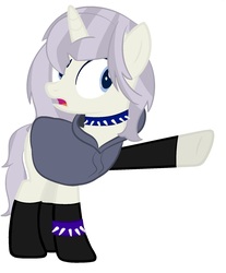 Size: 1512x1830 | Tagged: safe, artist:frostybases, artist:macadoptables, oc, oc only, oc:aesthetic adore, pony, unicorn, icey-verse, base used, black socks, choker, clothes, female, hoodie, magical lesbian spawn, mare, offspring, open mouth, parent:inky rose, parent:lily lace, parents:inky lace, pointing, simple background, socks, solo, spiked choker, spiked wristband, stockings, thigh highs, white background, wristband
