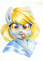 Size: 700x987 | Tagged: safe, artist:maytee, derpy hooves, pegasus, pony, g4, bust, clothes, colored pencil drawing, female, portrait, smiling, solo, tongue out, traditional art