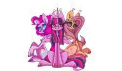 Size: 500x289 | Tagged: safe, artist:motger-mor, fluttershy, pinkie pie, twilight sparkle, alicorn, earth pony, pegasus, pony, g4, female, heart eyes, mare, simple background, transparent background, twilight sparkle (alicorn), wingding eyes