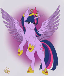 Size: 1600x1900 | Tagged: safe, artist:scribblescribe, twilight sparkle, alicorn, pony, g4, big crown thingy, digital art, female, gradient background, jewelry, mare, rearing, regalia, solo, twilight sparkle (alicorn)