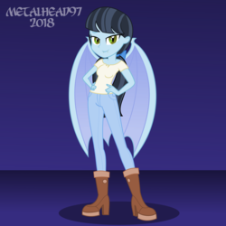 Size: 3999x3997 | Tagged: safe, artist:metalhead97, oc, oc:moonshine mccolt, bat pony, equestria girls, g4, bat pony oc, boots, bow, bowtie, equestria girls-ified, fangs, gradient background, high res, looking at you, shoes, show accurate, simple background, smiling, tail bow, wings