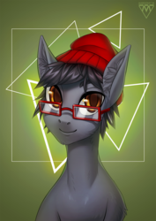Size: 848x1200 | Tagged: safe, artist:margony, oc, oc only, earth pony, pony, abstract background, cap, commission, digital art, ear fluff, glasses, hat, looking at you, male, red hat, signature, solo, stallion