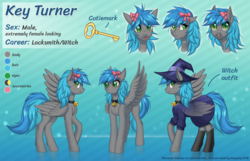 Size: 1554x1000 | Tagged: safe, artist:margony, oc, oc only, oc:key turner, pegasus, pony, bow, clothes, commission, costume, cutie mark, digital art, femboy, girly, hair bow, male, reference sheet, signature, solo, stallion