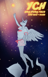 Size: 747x1200 | Tagged: safe, artist:margony, oc, oc only, alicorn, anthro, unguligrade anthro, advertisement, anthro oc, auction, blanket, clothes, commission, digital art, female, flying, mare, pillow, shirt, shorts, signature, solo, stars, ych example, your character here