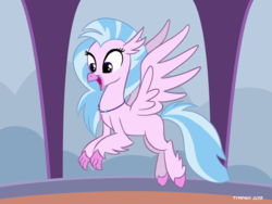 Size: 1024x768 | Tagged: safe, artist:tim-kangaroo, silverstream, classical hippogriff, hippogriff, g4, cute, diastreamies, female, flying, happy, jewelry, necklace, open mouth, smiling, solo