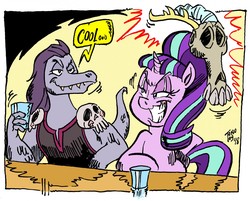 Size: 1280x1030 | Tagged: safe, artist:grotezco, discord, starlight glimmer, pony, unicorn, a matter of principals, g4, bar, crossover, dead, decoration, dialogue, drunklight glimmer, evil grin, female, grin, implied murder, mare, s5 starlight, skull, smiling, star vs the forces of evil, toffee (svtfoe)