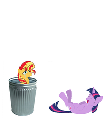 Size: 892x1014 | Tagged: safe, sunset shimmer, twilight sparkle, pony, unicorn, g4, abuse, background pony strikes again, downvote bait, into the trash it goes, laughing, op is a duck, op is trying to start shit, op isn't even trying anymore, sad, shimmerbuse, sunsad shimmer, sunset shimmer's trash can, trash can, unicorn twilight