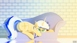 Size: 5120x2880 | Tagged: safe, artist:just rusya, oc, oc only, oc:4 bore, pony, unicorn, bed, butt, couch, looking at you, lying, lying on bed, plot, sofa bed, solo