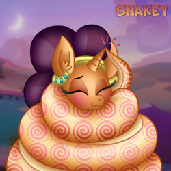 Size: 768x768 | Tagged: safe, artist:snakeythingy, saffron masala, serpent, snake, g4, blushing, coils, massage, sleeping, swirls