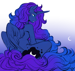Size: 1421x1345 | Tagged: safe, artist:1an1, princess luna, alicorn, anthro, g4, crescent moon, female, gradient background, gradient mane, gradient tail, lidded eyes, mare, missing accessory, moon, nudity, sitting, smiling, solo, tail