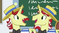 Size: 1920x1080 | Tagged: safe, screencap, flam, flim, pony, friendship university, g4, cute, flamabetes, flim flam brothers, flimabetes, happy, smiling, written equestrian