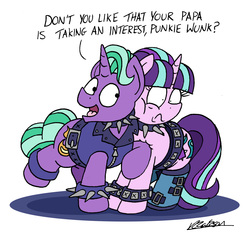 Size: 1662x1547 | Tagged: safe, artist:bobthedalek, firelight, starlight glimmer, pony, unicorn, g4, boots, choker, clothes, collar, edgelight glimmer, embarrassed, father and daughter, fathers gonna father, female, male, mare, nickname, punk, shoes, shrunken pupils, signature, simple background, speech, spiked choker, spiked wristband, stallion, teenage glimmer, white background, wristband