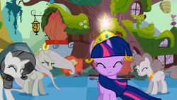 Size: 1280x720 | Tagged: safe, screencap, fluttershy, pinkie pie, rarity, twilight sparkle, g4, the return of harmony, animation error, big crown thingy, chaos, discorded, discorded landscape, element of generosity, element of kindness, element of magic, golden oaks library, jewelry, regalia