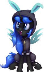 Size: 1110x1791 | Tagged: safe, artist:thebowtieone, oc, oc:blue visions, changeling, blue changeling, bunny ears, changeling oc, clothes, costume, dangerous mission outfit, female, hoodie, simple background, solo, transparent background