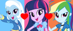 Size: 1300x554 | Tagged: safe, artist:themexicanpunisher, rainbow dash, trixie, twilight sparkle, equestria girls, g4, clothes, cyoa, female, heart, lesbian, open mouth, ship:twidash, ship:twixie, shipping