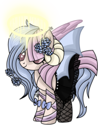 Size: 1663x2125 | Tagged: safe, artist:icicle-niceicle-1517, artist:queenkisara, artist:sugarplanets, oc, oc only, oc:mischivevous spirit, alicorn, bat pony, bat pony alicorn, demon, demon pony, pony, alicorn oc, clothes, female, fishnet stockings, flower, flower in hair, halo, horns, jewelry, mare, necklace, pantyhose, simple background, skirt, skirt lift, solo, transparent background