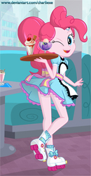 Size: 372x718 | Tagged: safe, artist:charliexe, pinkie pie, coinky-dink world, equestria girls, g4, my little pony equestria girls: summertime shorts, carhop, clothes, cute, dress, dress interior, female, food, ice cream, legs, looking at you, looking back, looking back at you, ponytail, roller skates, schrödinger's pantsu, server pinkie pie, skirt, solo, upskirt denied, waitress