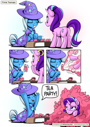 Size: 955x1351 | Tagged: safe, artist:mysticalpha, starlight glimmer, trixie, pony, unicorn, g4, butt, comic, cup, duo, female, glowing horn, horn, magic, magic trick, mare, plot, tea party, teacup, telekinesis, that pony sure does love teacups
