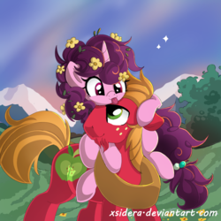 Size: 1000x1000 | Tagged: safe, artist:xsidera, big macintosh, sugar belle, earth pony, pony, unicorn, g4, female, flower, flower in hair, male, mare, ship:sugarmac, shipping, stallion, straight, tongue out