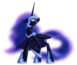 Size: 2310x1964 | Tagged: safe, artist:kyodashiro, nightmare moon, alicorn, pony, g4, armor, female, frown, helmet, high res, hoof shoes, looking up, mare, raised hoof, simple background, slender, solo, teeth, thin, transparent background
